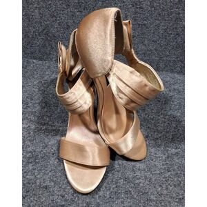 NINA New York Champagne Satin Stiletto Heels Shoes Pleated Rhinestone Strap 9M